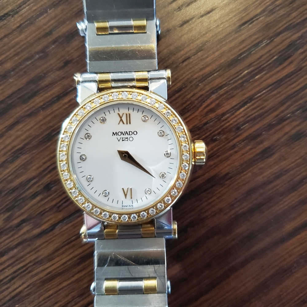 Movado Silver and Gold Luxury Watch with Diamond Accents
